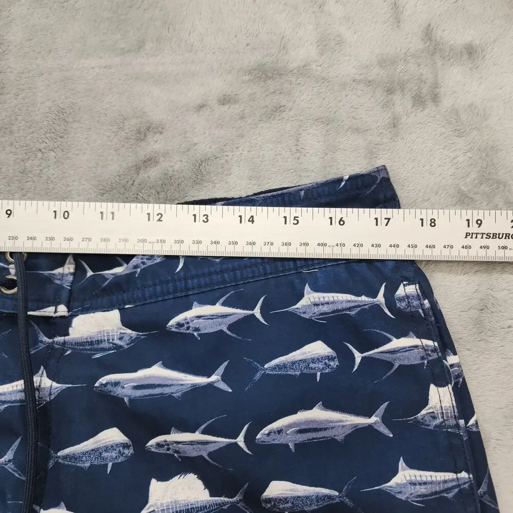 NAUTICA Board Shorts Mens L‎ Blue Deepwater Fish Print Tie Front Swim Trunks